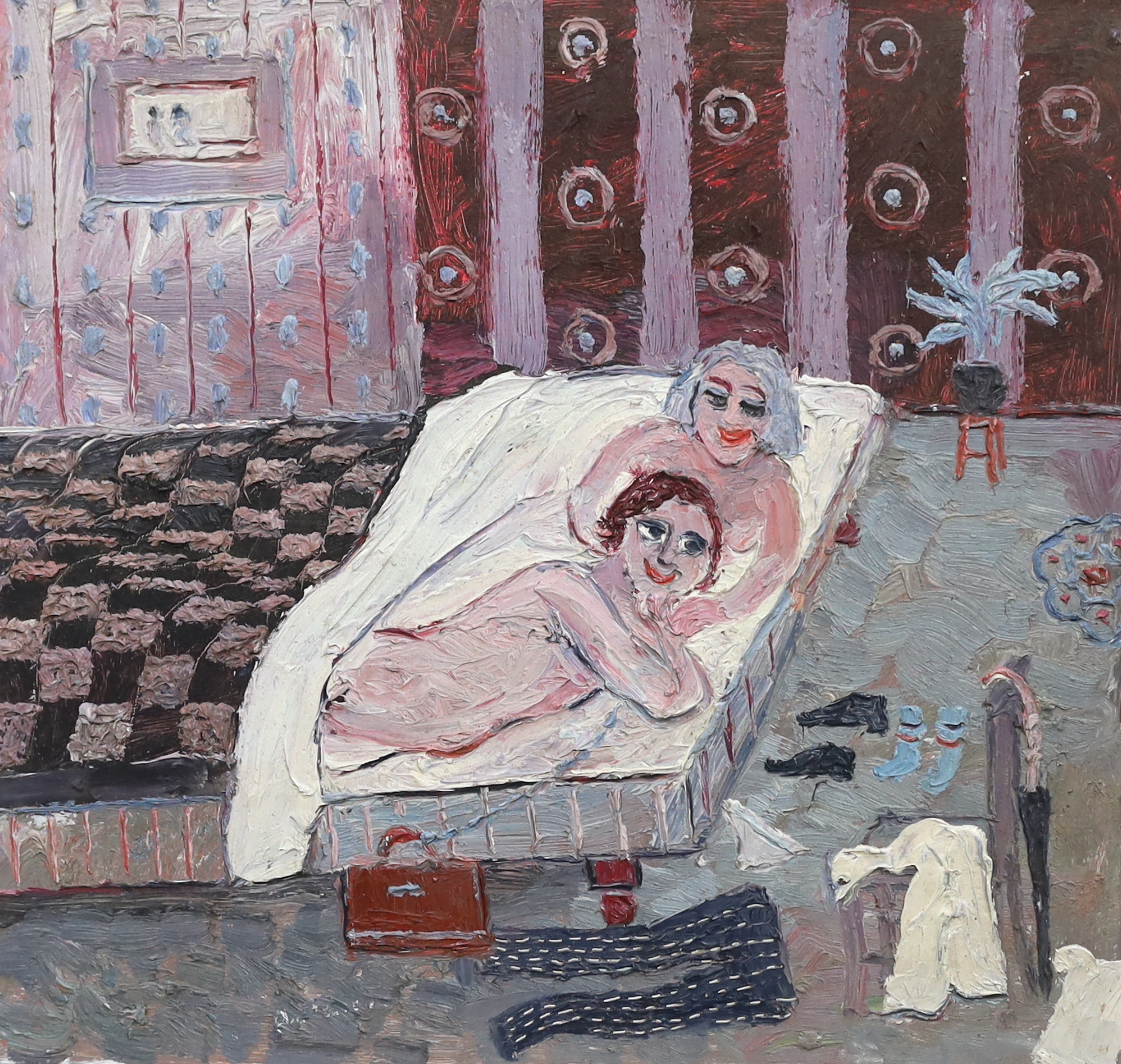 Fred Yates (English, 1922-2008), Couple in bed, oil on board, 39 x 42cm